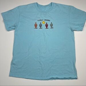 Vintage Tee Shirt Blue Cactus Southwest Desert Embroidered Tribal Summer Boho